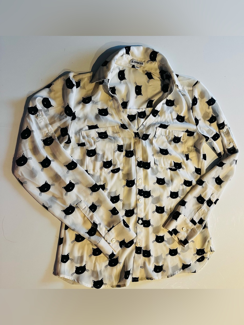Express Portofino Shirt Sheer Blouse Cat Print Women’s XSmall Convertible Sleeve
